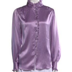 Marc Jacobs Purple Polka Dot Silk Button-Up Top w/ Ruffle Trim